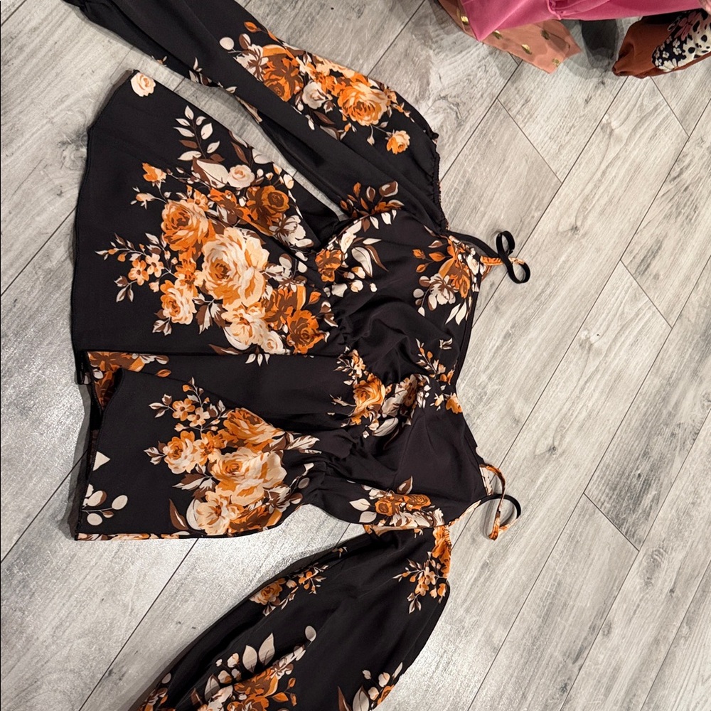 SHEIN Black and Orange Floral Blouse
